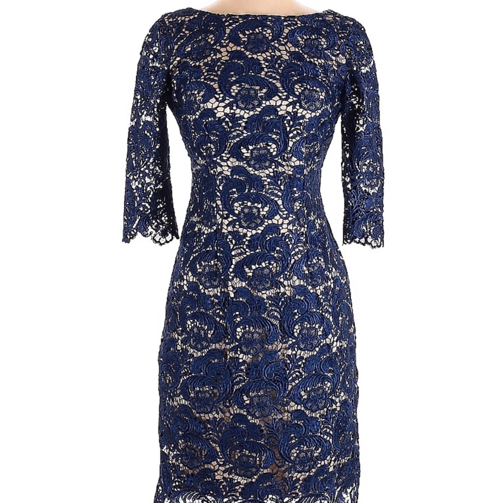 Eliza J. Blue Embroidered Lace Overlay Sheath Dress 3/4 Sleeve